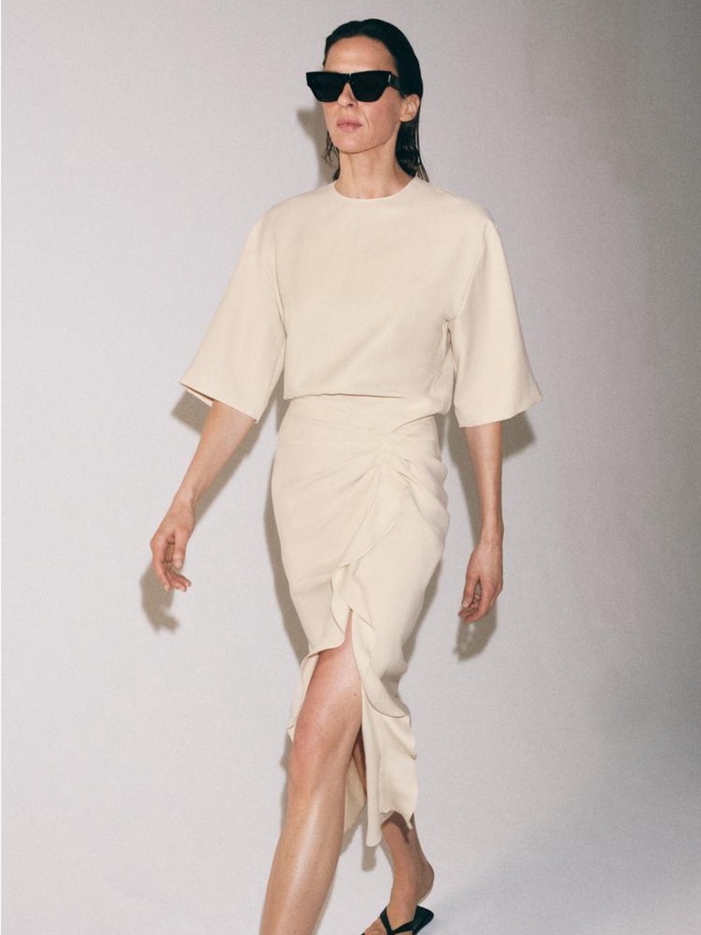 Zara Cream Viscose Midi Dress Ruched Draped Detail Size S